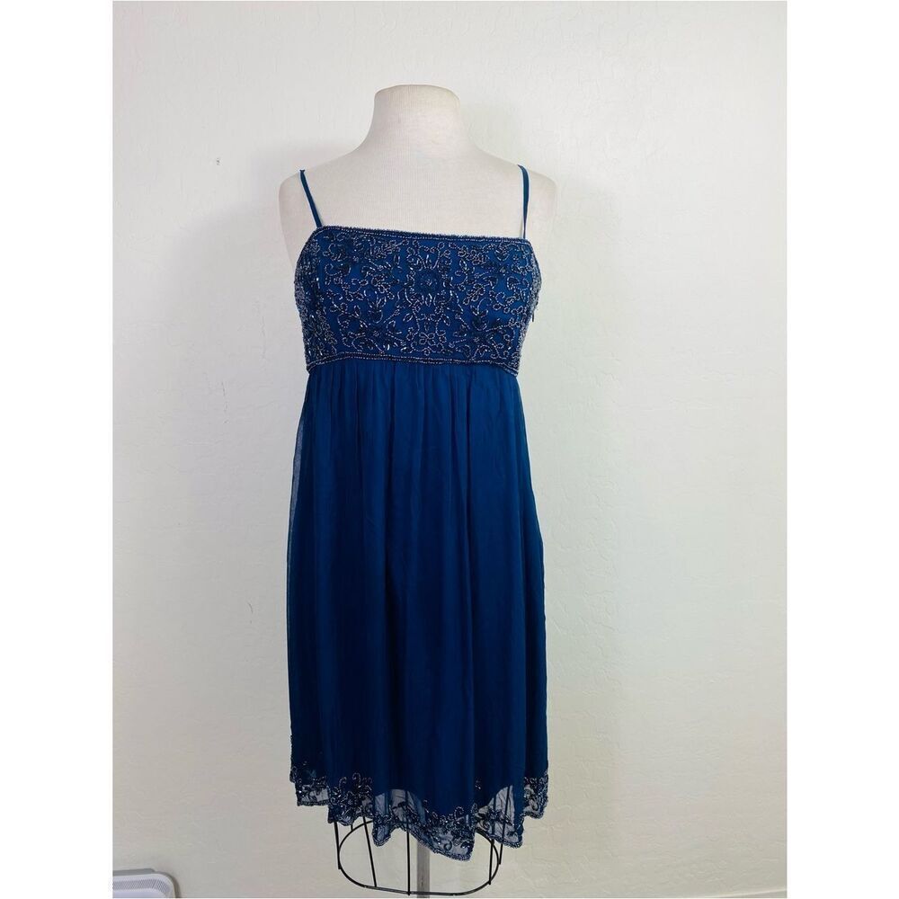 Patra Navy Blue Beaded Spaghetti Strap Mini Dress